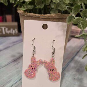 Handmade Resin Easter Bunny Earrings | Glitter Peep Bunny Dangles | Pastel Sprin